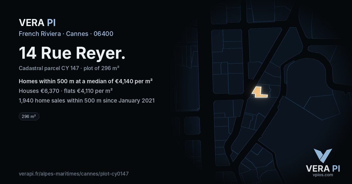 14 Rue Reyer, Cannes at night – the plot lit, the parcels around coloured by the prices near them