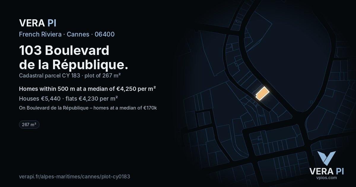103 Boulevard de la République, Cannes at night – the plot lit, the parcels around coloured by the prices near them
