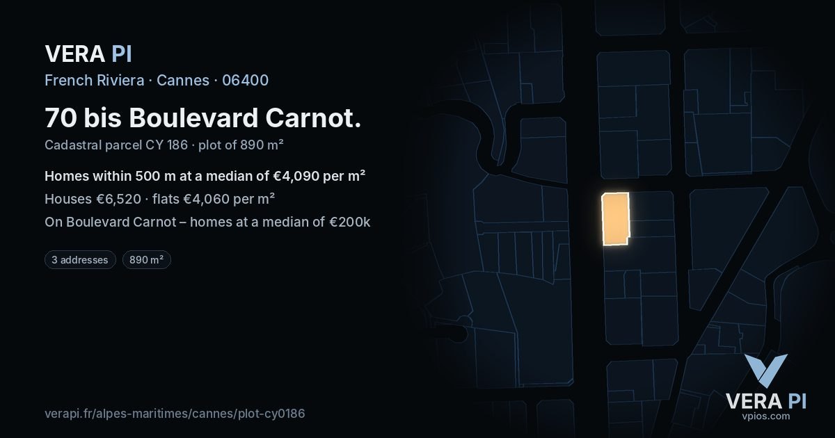 70 bis Boulevard Carnot, Cannes at night – the plot lit, the parcels around coloured by the prices near them