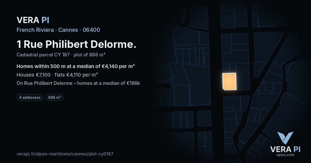 1 Rue Philibert Delorme, Cannes at night – the plot lit, the parcels around coloured by the prices near them