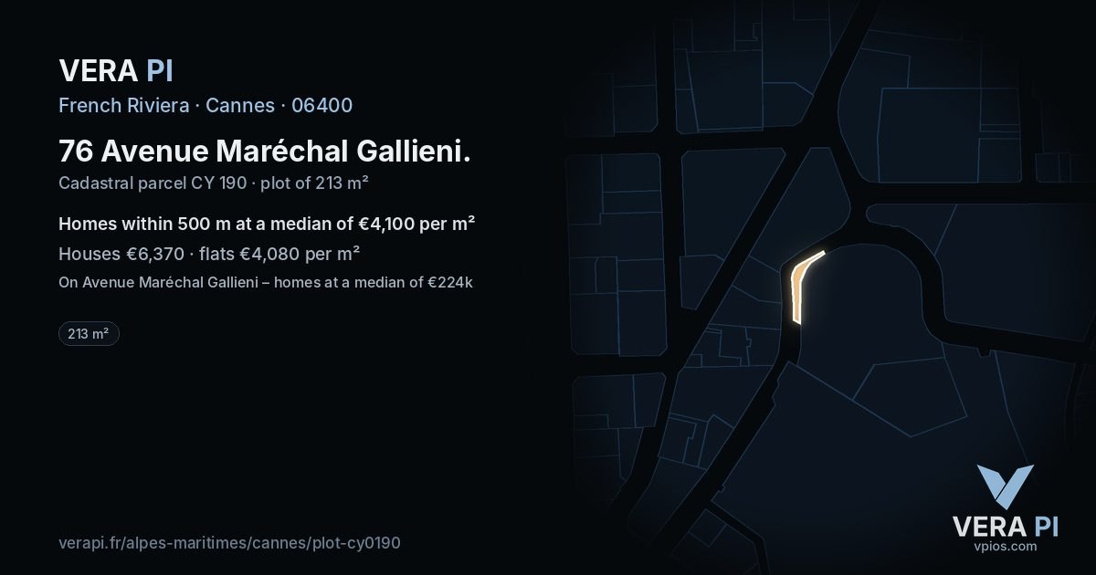 76 Avenue Maréchal Gallieni, Cannes at night – the plot lit, the parcels around coloured by the prices near them