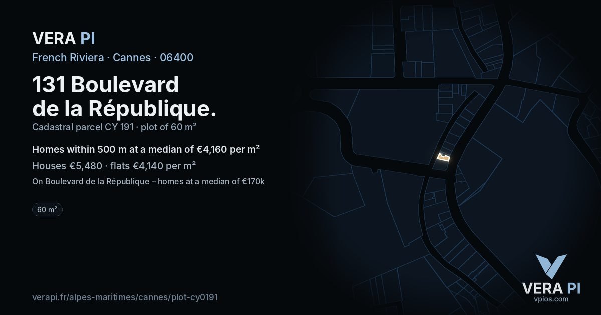 131 Boulevard de la République, Cannes at night – the plot lit, the parcels around coloured by the prices near them