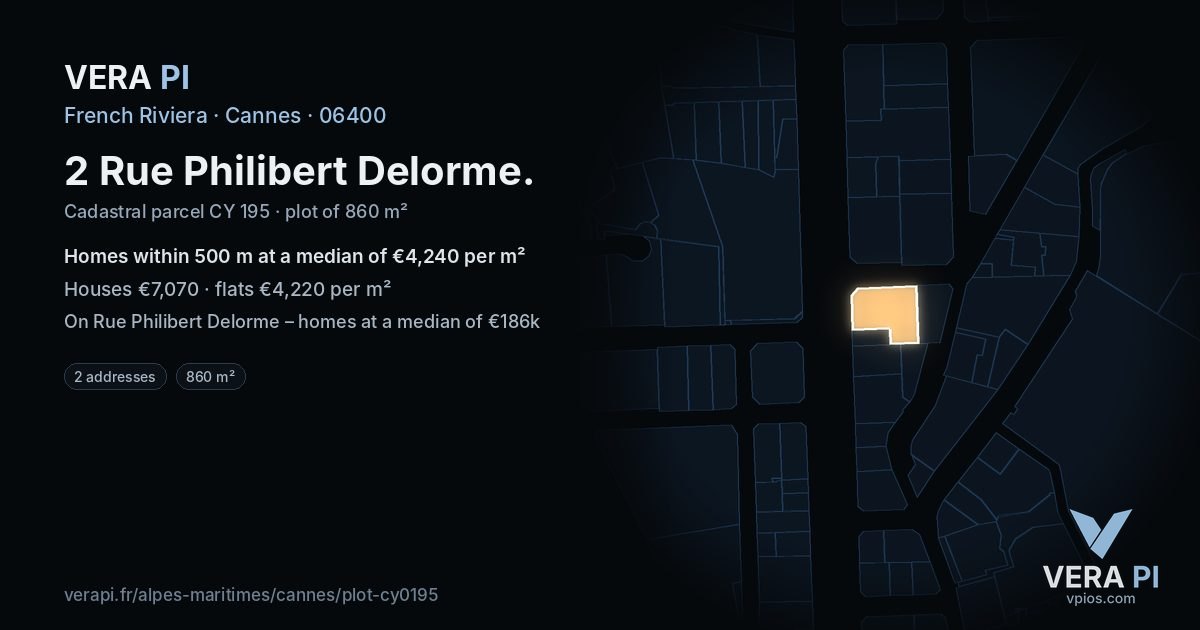 2 Rue Philibert Delorme, Cannes at night – the plot lit, the parcels around coloured by the prices near them