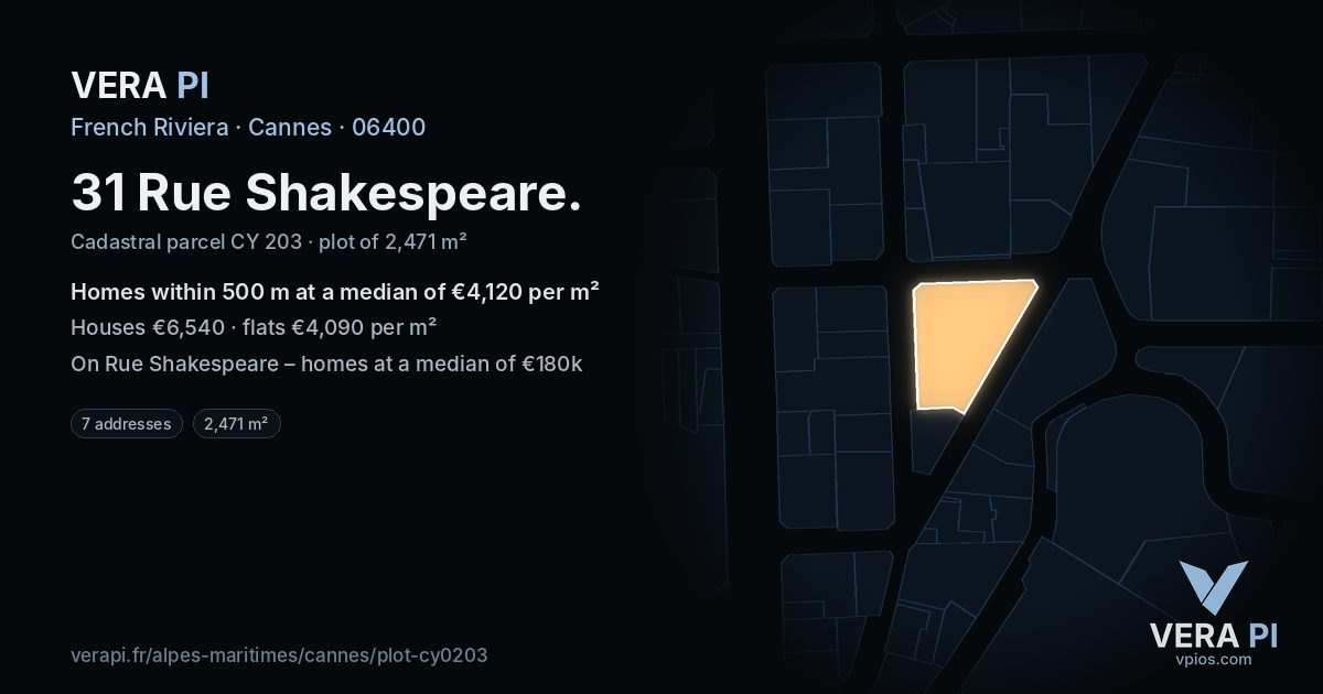 31 Rue Shakespeare, Cannes at night – the plot lit, the parcels around coloured by the prices near them