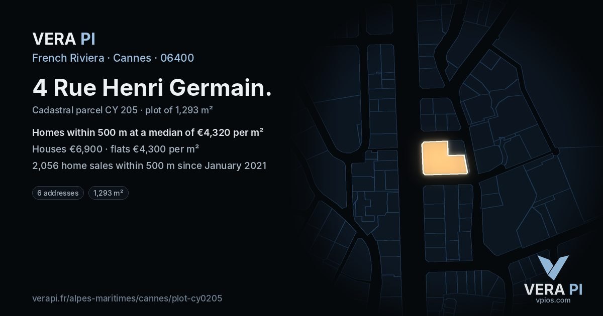 4 Rue Henri Germain, Cannes at night – the plot lit, the parcels around coloured by the prices near them