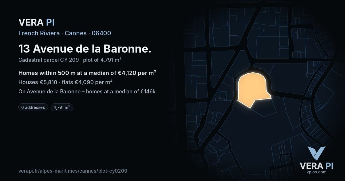 13 Avenue de la Baronne, Cannes at night – the plot lit, the parcels around coloured by the prices near them