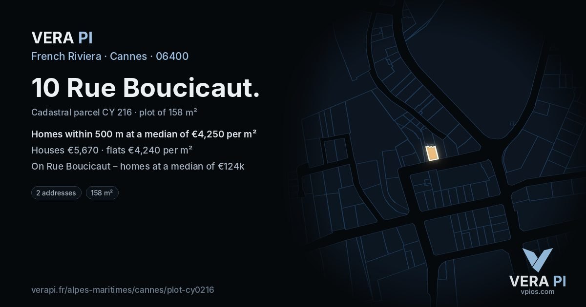 10 Rue Boucicaut, Cannes at night – the plot lit, the parcels around coloured by the prices near them
