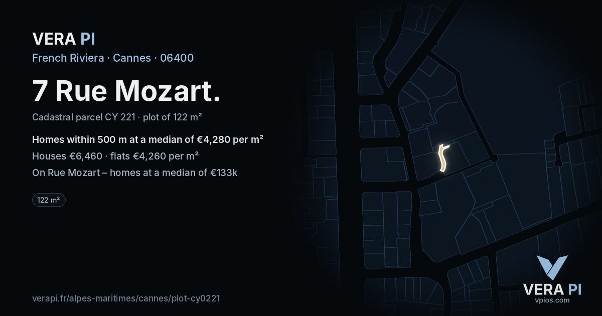 7 Rue Mozart, Cannes at night – the plot lit, the parcels around coloured by the prices near them