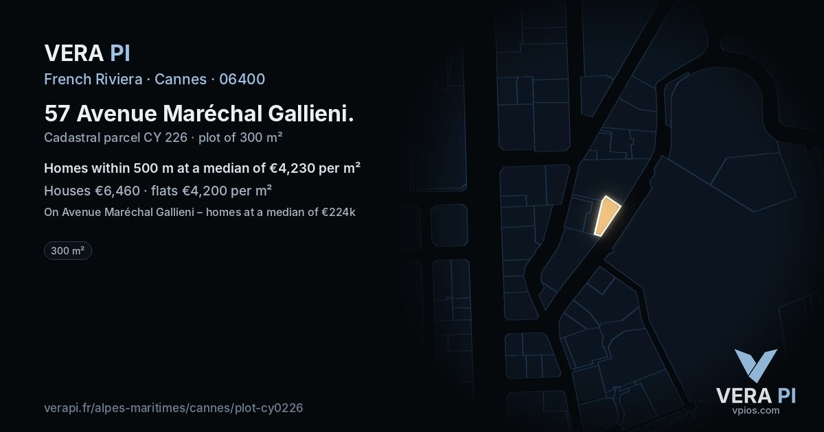 57 Avenue Maréchal Gallieni, Cannes at night – the plot lit, the parcels around coloured by the prices near them