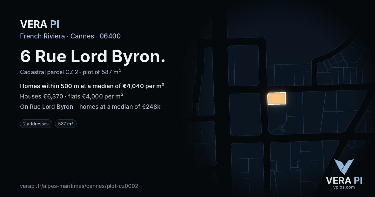 6 Rue Lord Byron, Cannes at night – the plot lit, the parcels around coloured by the prices near them