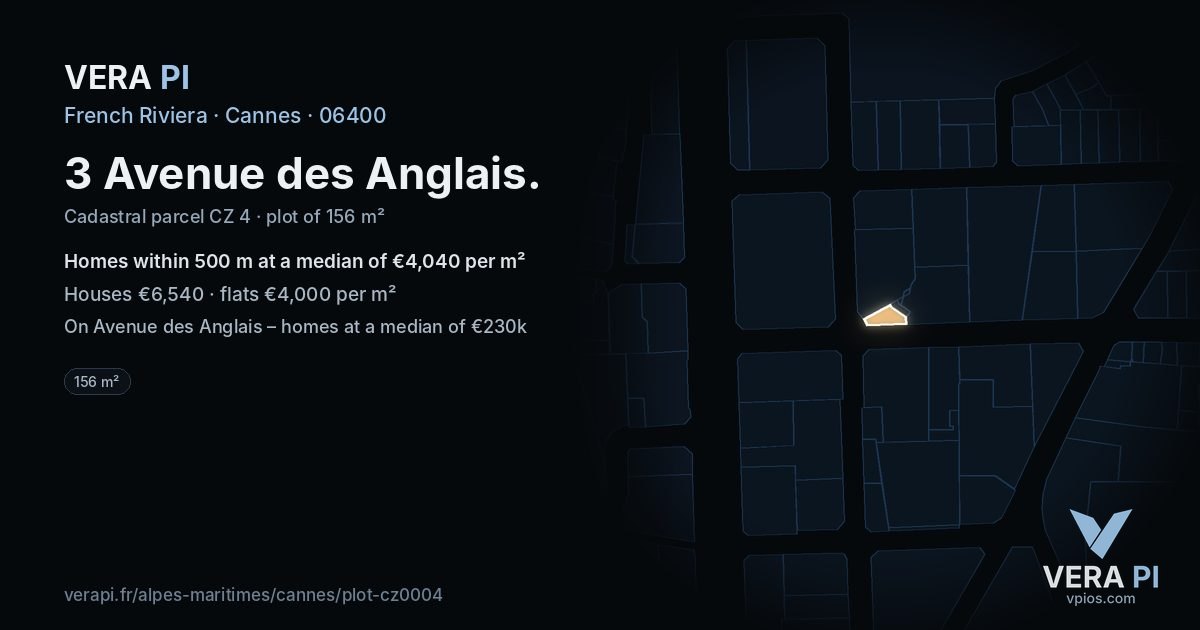 3 Avenue des Anglais, Cannes at night – the plot lit, the parcels around coloured by the prices near them