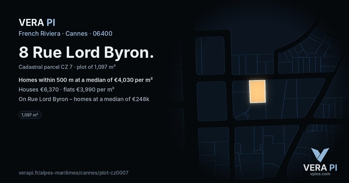 8 Rue Lord Byron, Cannes at night – the plot lit, the parcels around coloured by the prices near them
