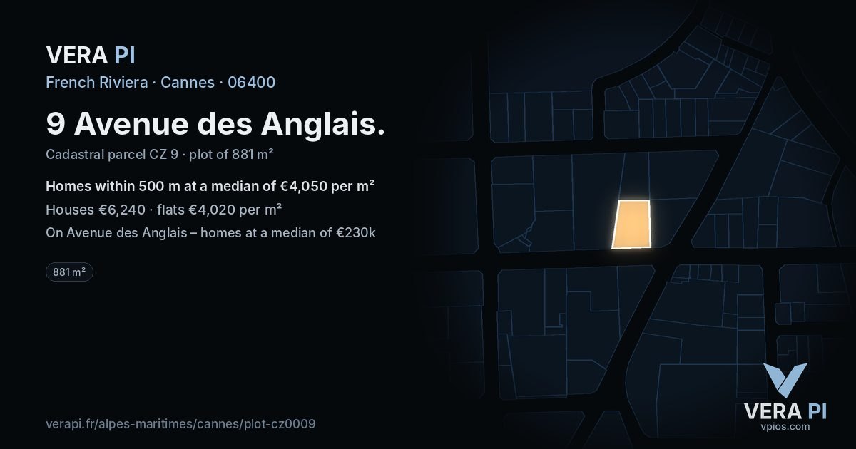 9 Avenue des Anglais, Cannes at night – the plot lit, the parcels around coloured by the prices near them