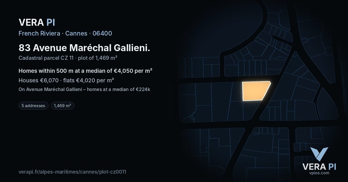 83 Avenue Maréchal Gallieni, Cannes at night – the plot lit, the parcels around coloured by the prices near them