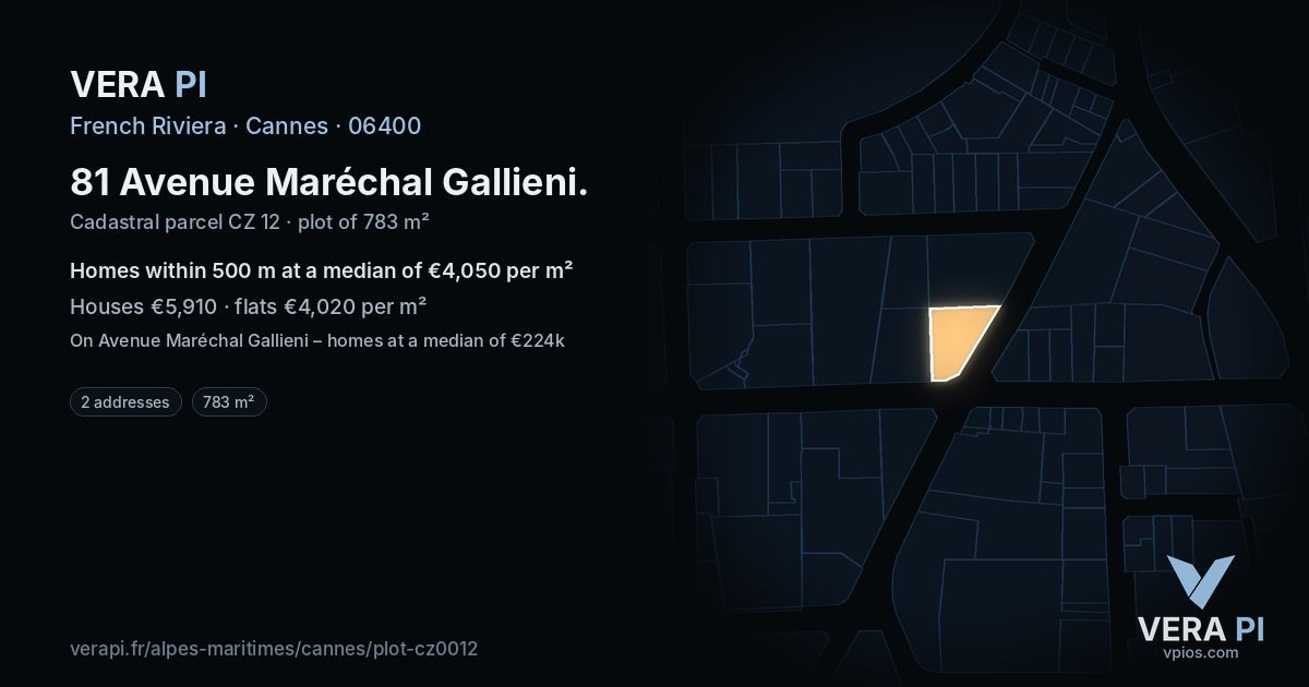 81 Avenue Maréchal Gallieni, Cannes at night – the plot lit, the parcels around coloured by the prices near them
