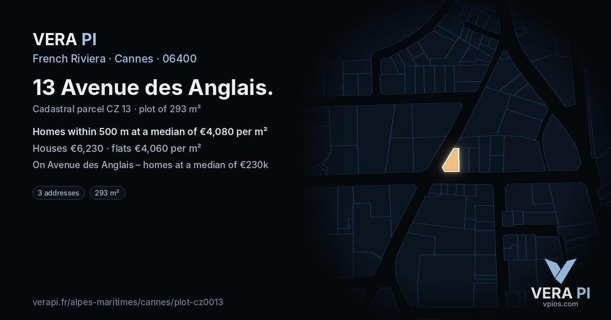 13 Avenue des Anglais, Cannes at night – the plot lit, the parcels around coloured by the prices near them