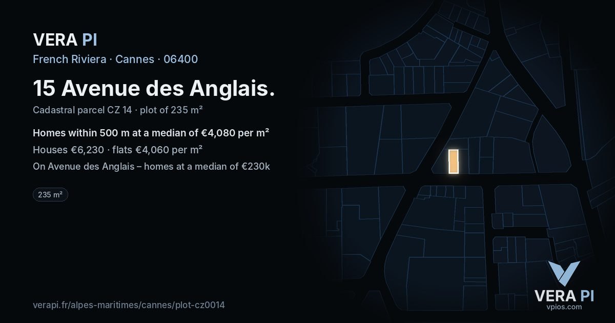 15 Avenue des Anglais, Cannes at night – the plot lit, the parcels around coloured by the prices near them