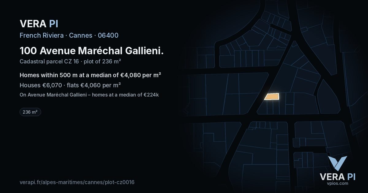 100 Avenue Maréchal Gallieni, Cannes at night – the plot lit, the parcels around coloured by the prices near them