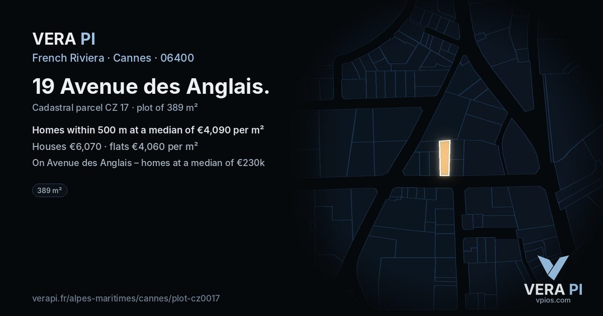 19 Avenue des Anglais, Cannes at night – the plot lit, the parcels around coloured by the prices near them