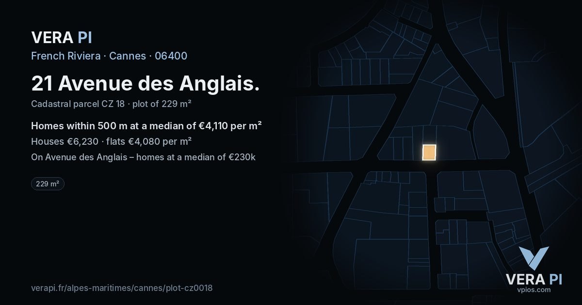 21 Avenue des Anglais, Cannes at night – the plot lit, the parcels around coloured by the prices near them