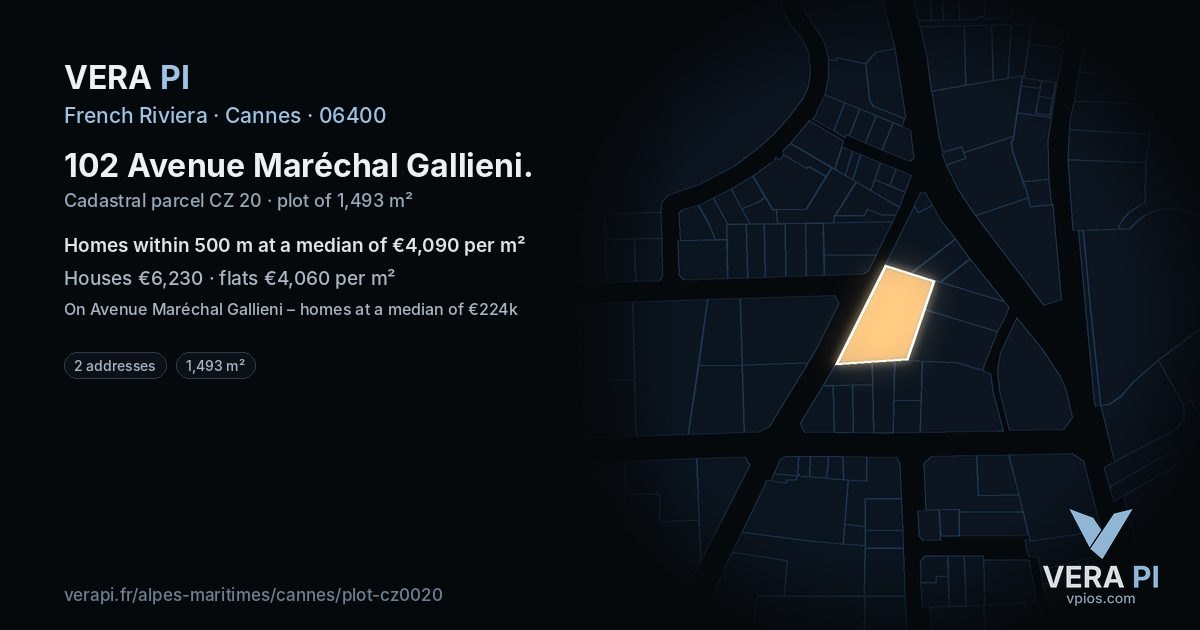 102 Avenue Maréchal Gallieni, Cannes at night – the plot lit, the parcels around coloured by the prices near them