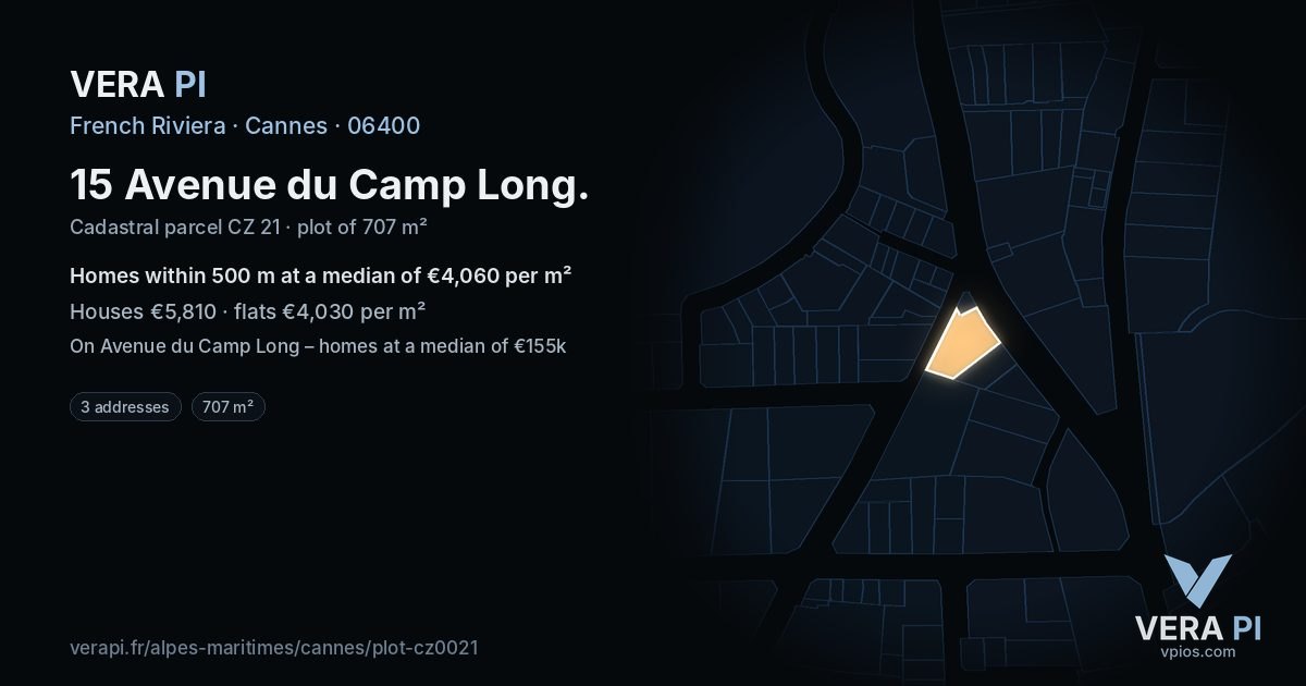 15 Avenue du Camp Long, Cannes at night – the plot lit, the parcels around coloured by the prices near them