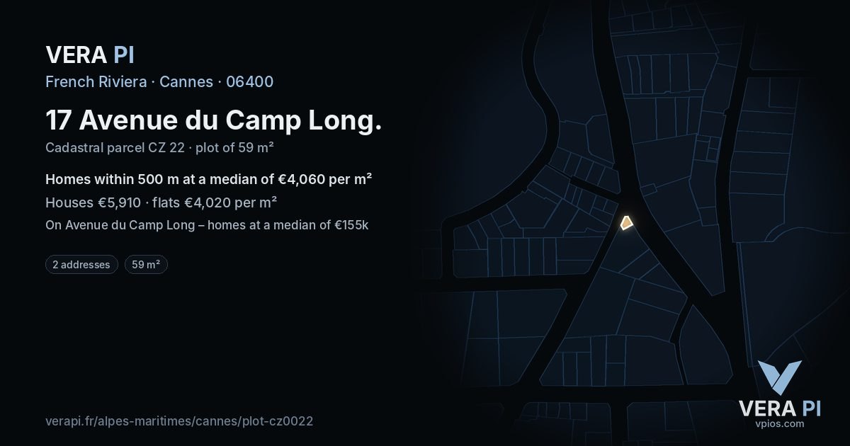 17 Avenue du Camp Long, Cannes at night – the plot lit, the parcels around coloured by the prices near them