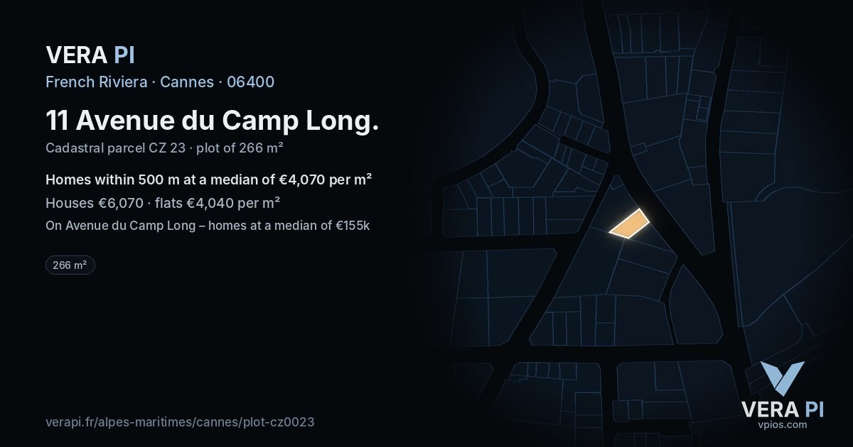11 Avenue du Camp Long, Cannes at night – the plot lit, the parcels around coloured by the prices near them