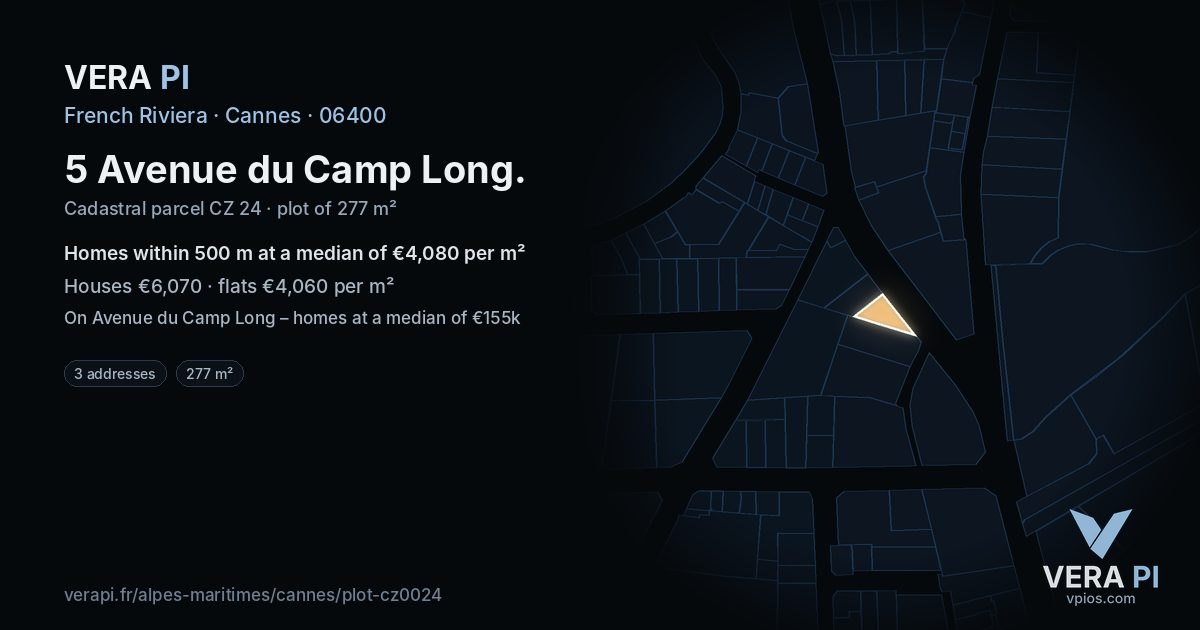 5 Avenue du Camp Long, Cannes at night – the plot lit, the parcels around coloured by the prices near them