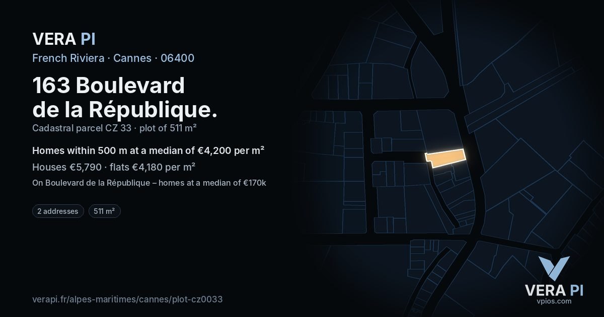 163 Boulevard de la République, Cannes at night – the plot lit, the parcels around coloured by the prices near them
