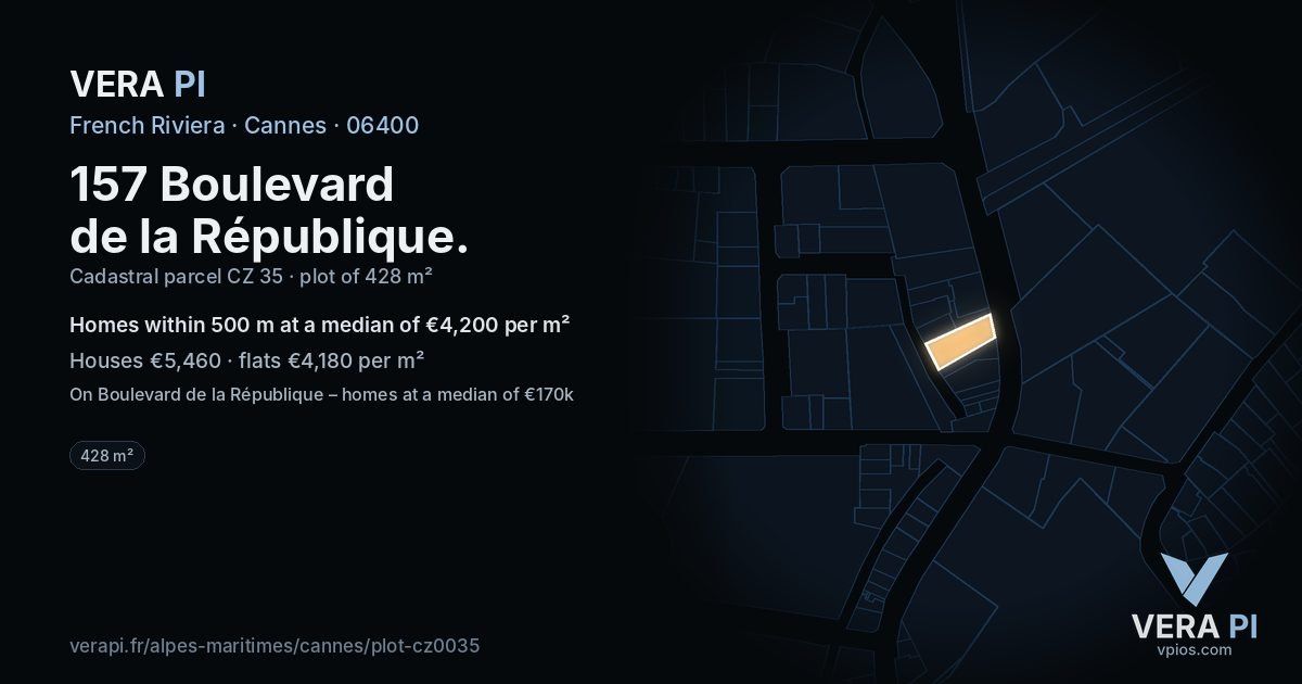 157 Boulevard de la République, Cannes at night – the plot lit, the parcels around coloured by the prices near them