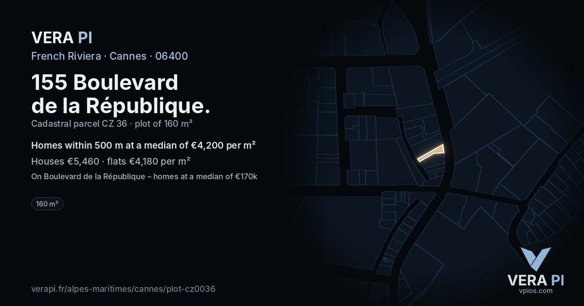 155 Boulevard de la République, Cannes at night – the plot lit, the parcels around coloured by the prices near them
