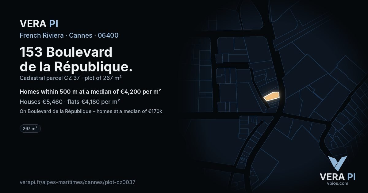 153 Boulevard de la République, Cannes at night – the plot lit, the parcels around coloured by the prices near them