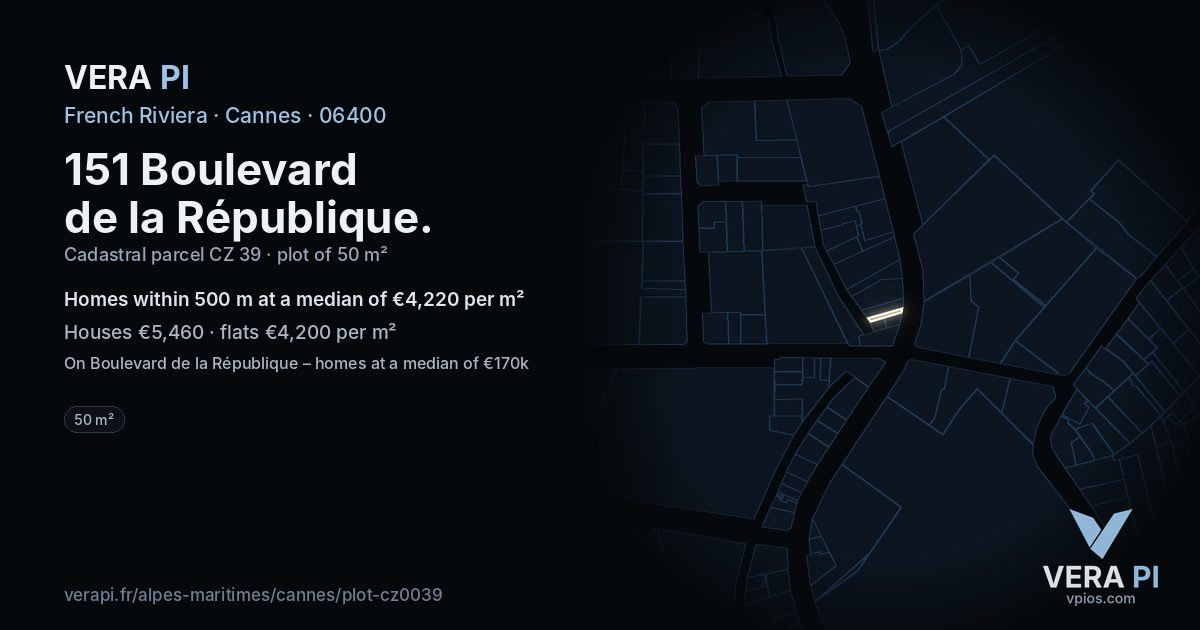 151 Boulevard de la République, Cannes at night – the plot lit, the parcels around coloured by the prices near them