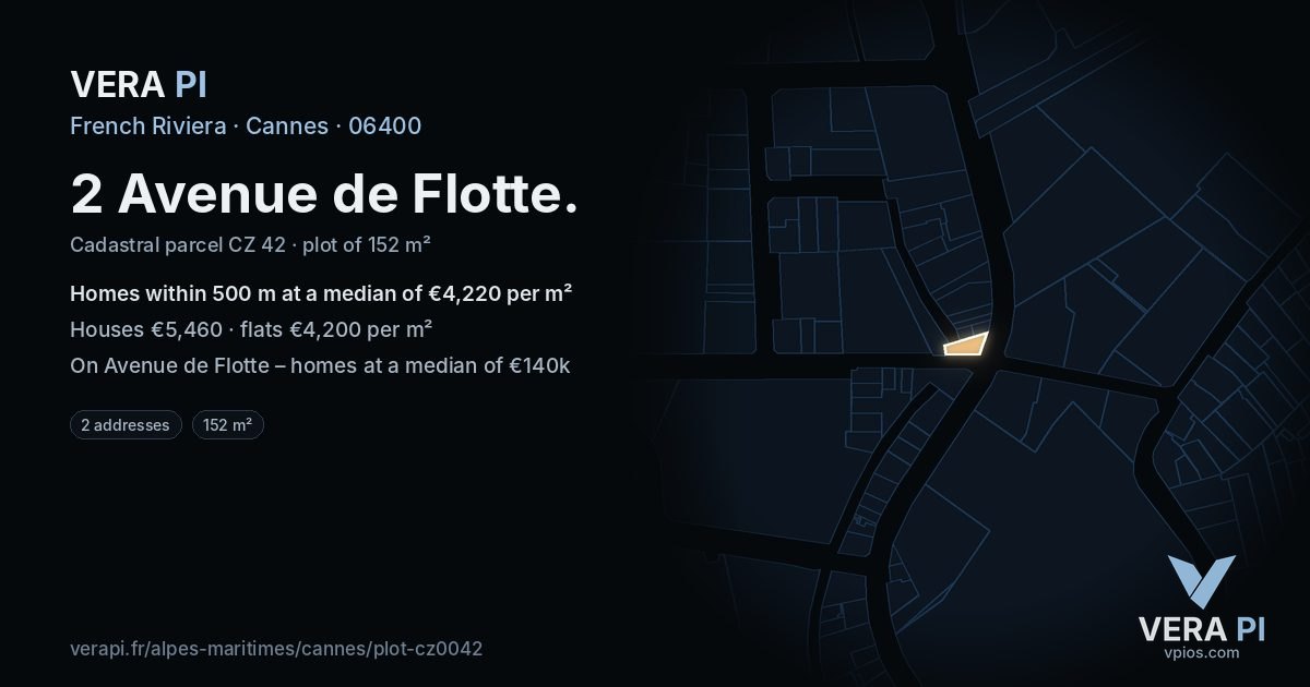 2 Avenue de Flotte, Cannes at night – the plot lit, the parcels around coloured by the prices near them