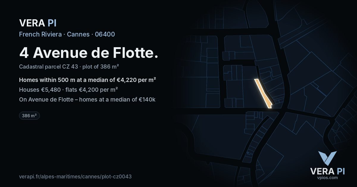 4 Avenue de Flotte, Cannes at night – the plot lit, the parcels around coloured by the prices near them