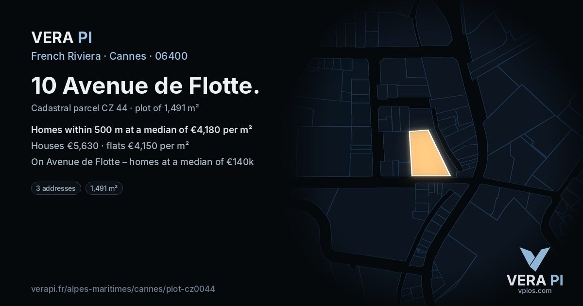10 Avenue de Flotte, Cannes at night – the plot lit, the parcels around coloured by the prices near them