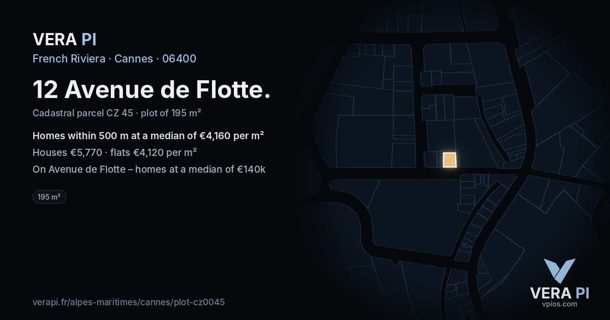12 Avenue de Flotte, Cannes at night – the plot lit, the parcels around coloured by the prices near them