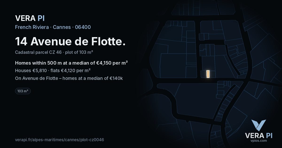 14 Avenue de Flotte, Cannes at night – the plot lit, the parcels around coloured by the prices near them