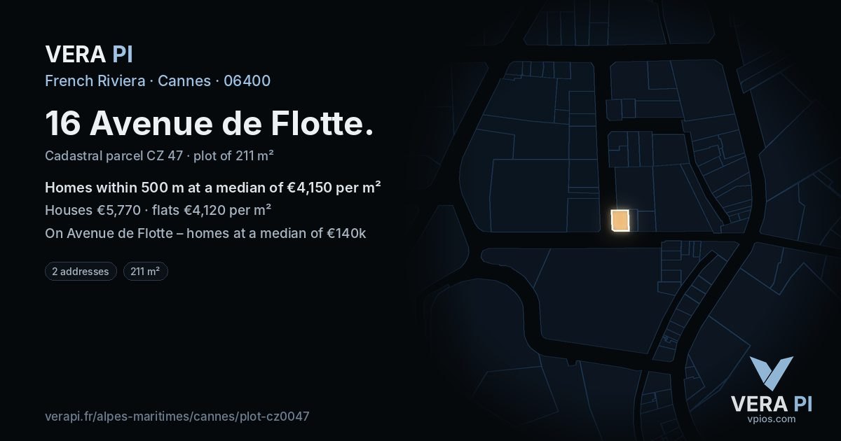 16 Avenue de Flotte, Cannes at night – the plot lit, the parcels around coloured by the prices near them