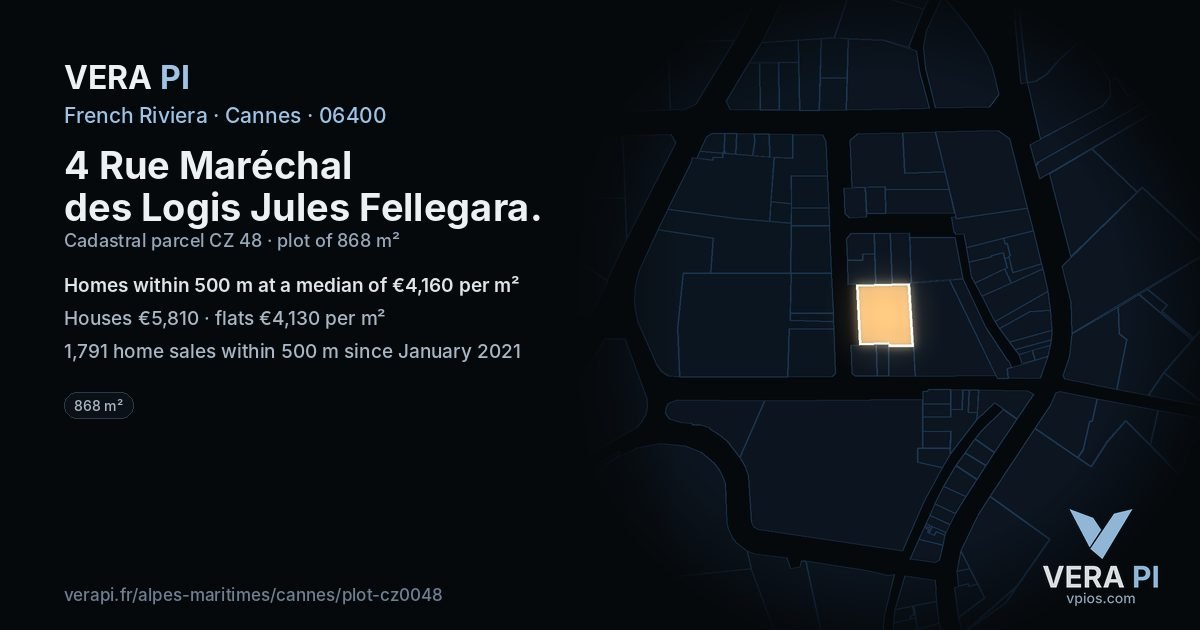 4 Rue Maréchal des Logis Jules Fellegara, Cannes at night – the plot lit, the parcels around coloured by the prices near them
