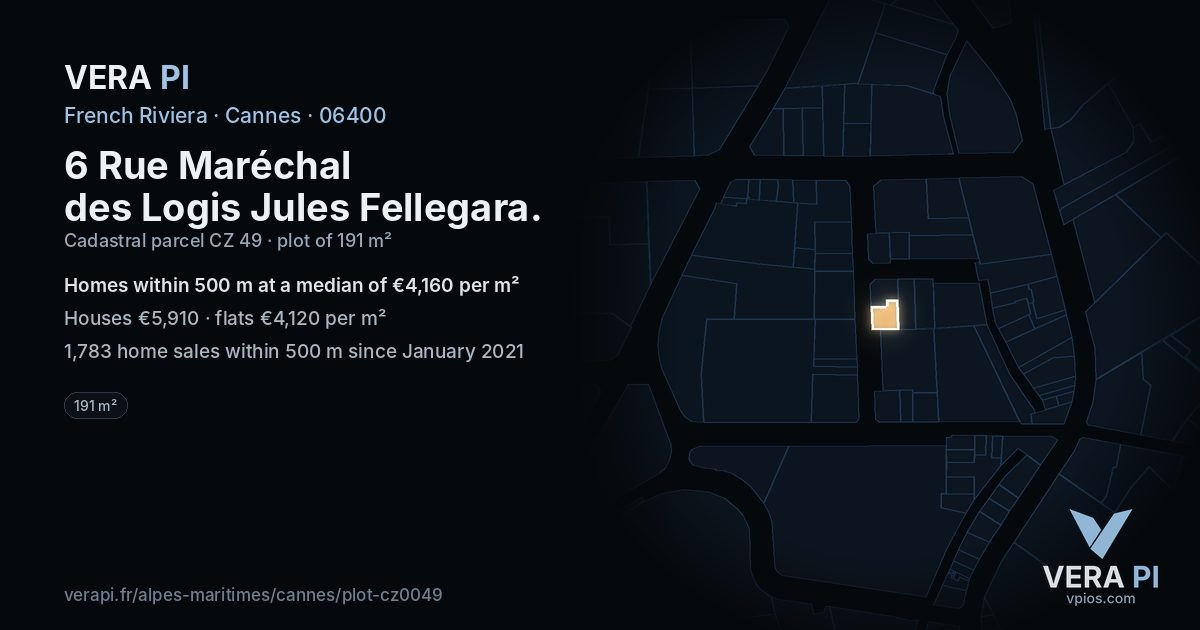 6 Rue Maréchal des Logis Jules Fellegara, Cannes at night – the plot lit, the parcels around coloured by the prices near them
