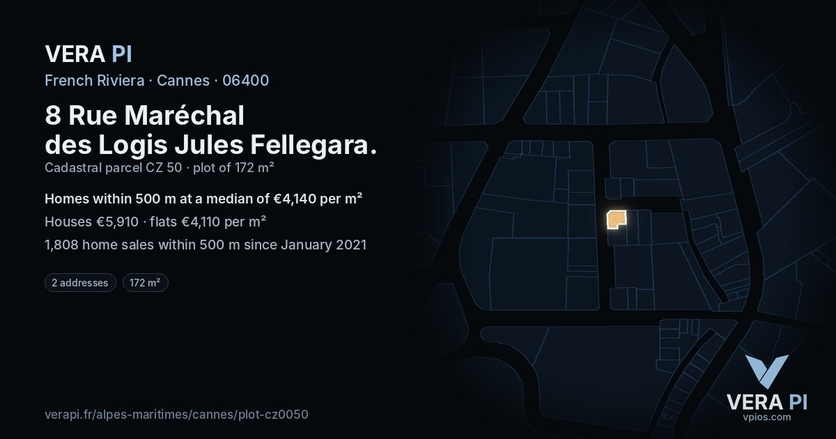 8 Rue Maréchal des Logis Jules Fellegara, Cannes at night – the plot lit, the parcels around coloured by the prices near them