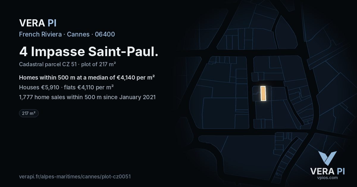 4 Impasse Saint-Paul, Cannes at night – the plot lit, the parcels around coloured by the prices near them