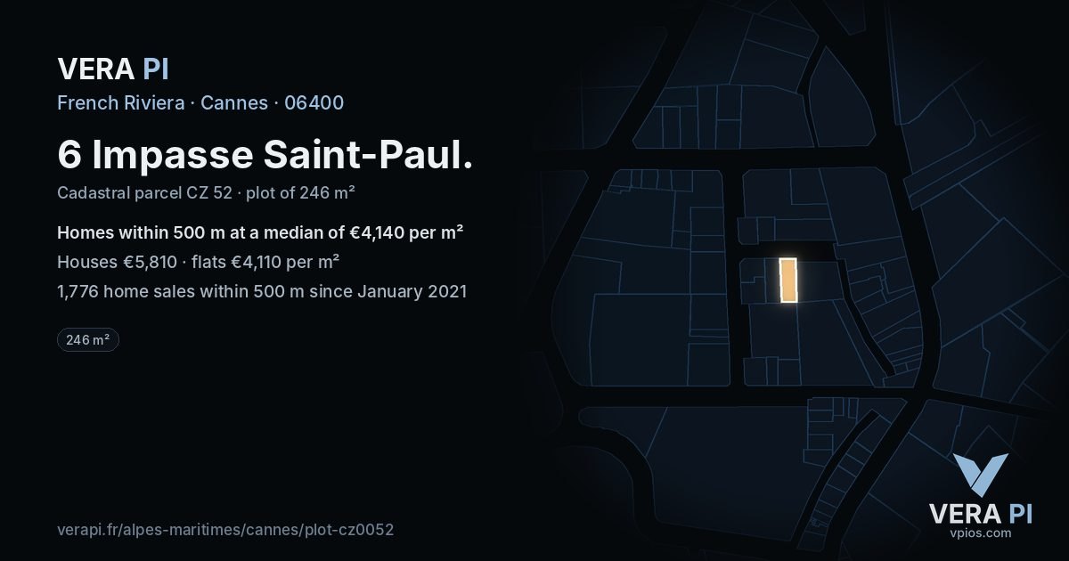 6 Impasse Saint-Paul, Cannes at night – the plot lit, the parcels around coloured by the prices near them