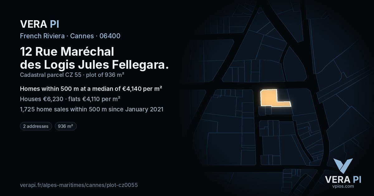 12 Rue Maréchal des Logis Jules Fellegara, Cannes at night – the plot lit, the parcels around coloured by the prices near them