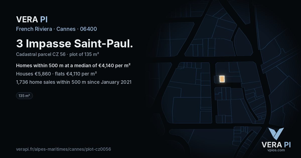 3 Impasse Saint-Paul, Cannes at night – the plot lit, the parcels around coloured by the prices near them