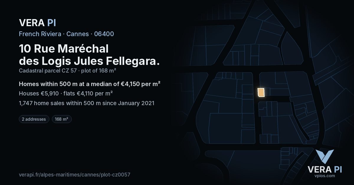 10 Rue Maréchal des Logis Jules Fellegara, Cannes at night – the plot lit, the parcels around coloured by the prices near them