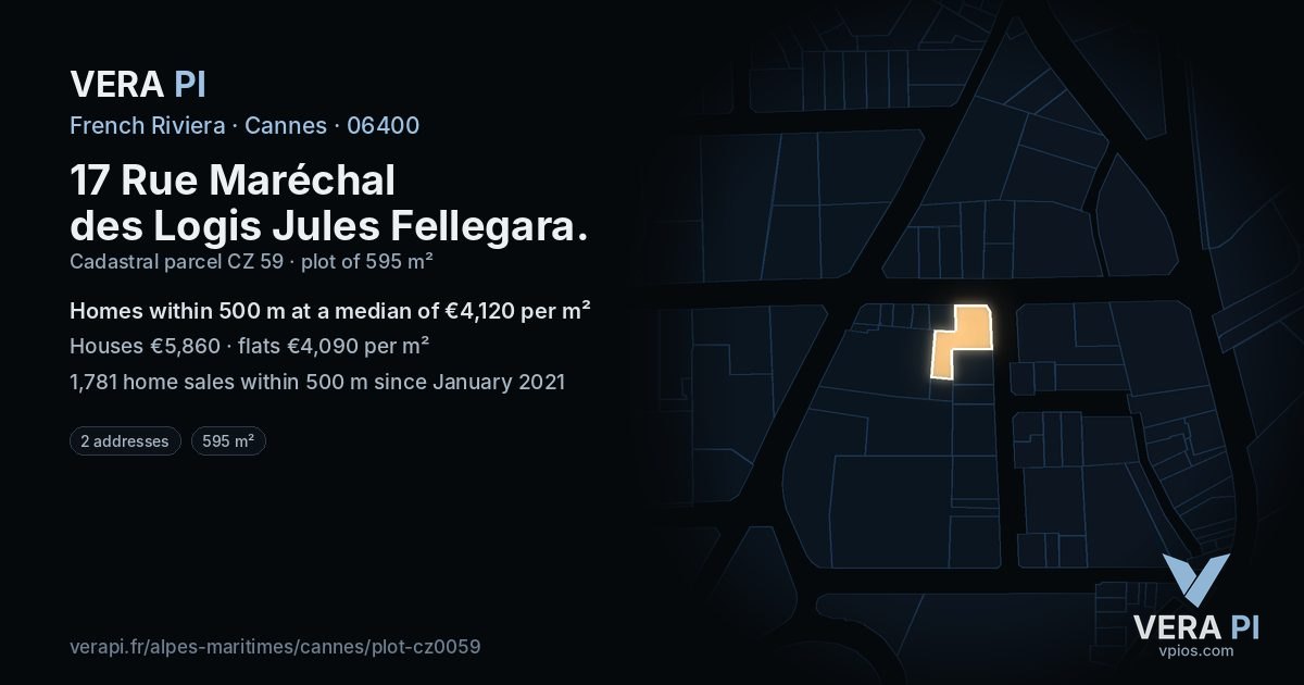 17 Rue Maréchal des Logis Jules Fellegara, Cannes at night – the plot lit, the parcels around coloured by the prices near them