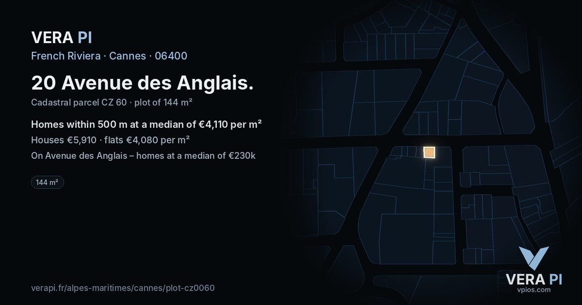 20 Avenue des Anglais, Cannes at night – the plot lit, the parcels around coloured by the prices near them